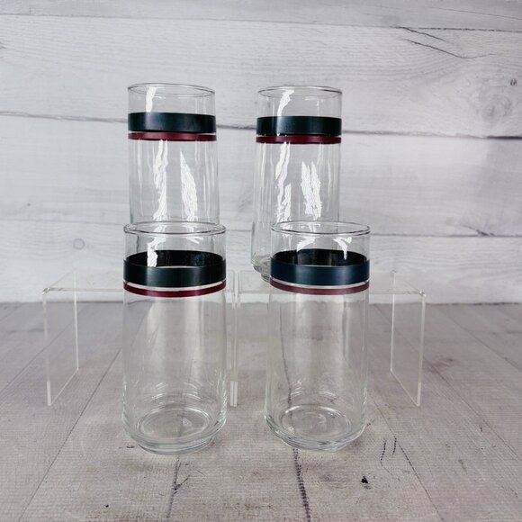 Pfaltgraff JUNIPER Green Mauve Bands Clear Glass Ice Tea Tumbler Glasses Set 4 - Picture 5 of 16